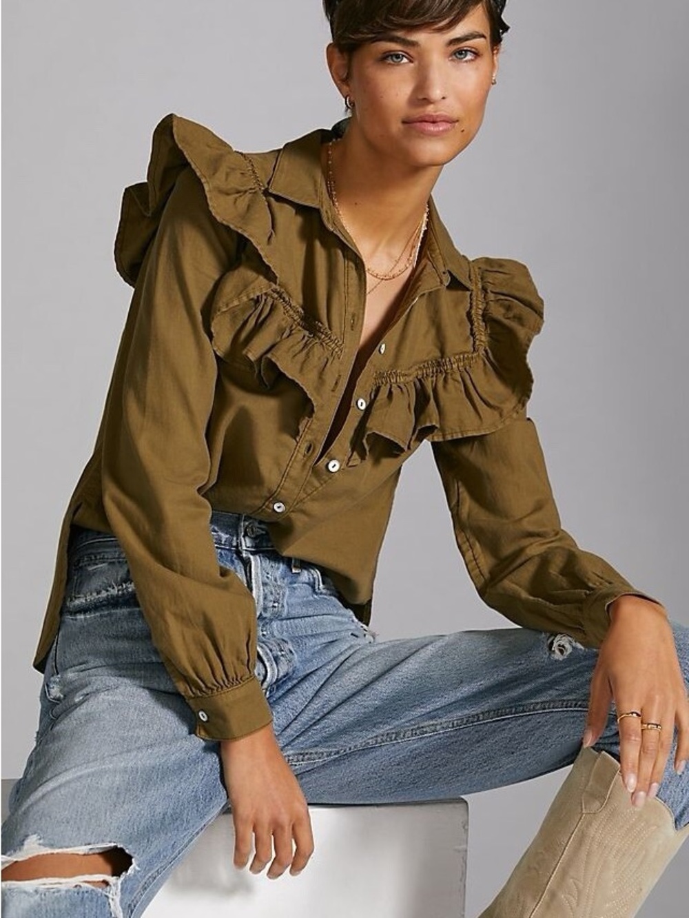Anthropologie Pilcro Olive Green Ruffle Button Down Shirt Top Size Large